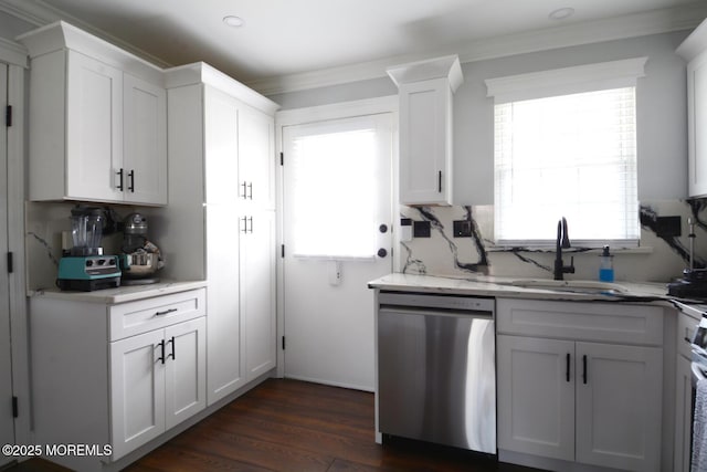 kitchen with backsplash, stainless steel dishwasher, ornamental molding, and a sink