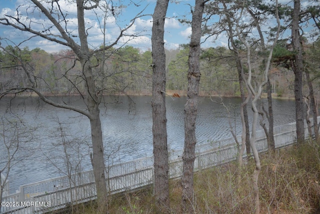 view of water feature featuring fence