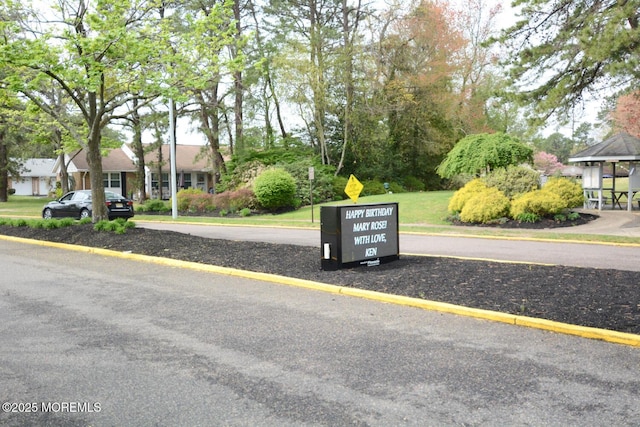 view of road with a residential view and curbs