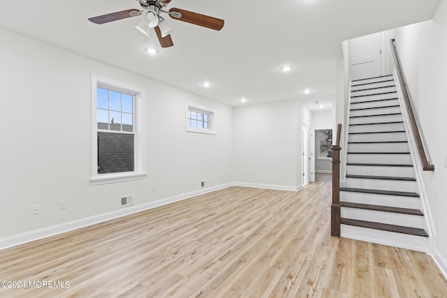 322 Lincoln Ave, Seaside Heights, NJ 08751 - unfurnished living room with stairway, visible vents, baseboards, light wood-style flooring, and ceiling fan