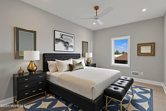 107 Bay Shore Dr, Toms River, NJ 08753 - bedroom with visible vents, wood finished floors, baseboards, recessed lighting, and a ceiling fan