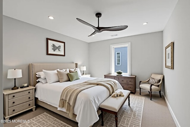 107 Bay Shore Dr, Toms River, NJ 08753 - bedroom with a ceiling fan, visible vents, baseboards, recessed lighting, and dark carpet