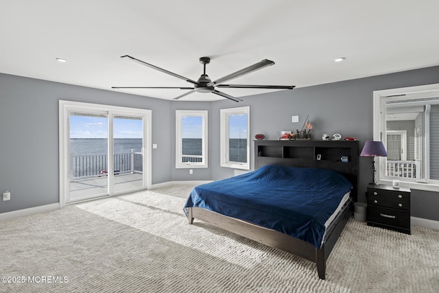 107 Bay Shore Dr, Toms River, NJ 08753 - bedroom with baseboards, access to outside, a ceiling fan, and carpet flooring