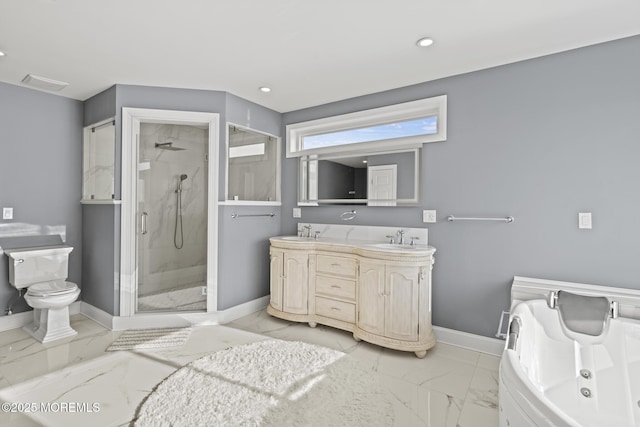107 Bay Shore Dr, Toms River, NJ 08753 - bathroom with marble finish floor, baseboards, recessed lighting, a shower stall, and a sink