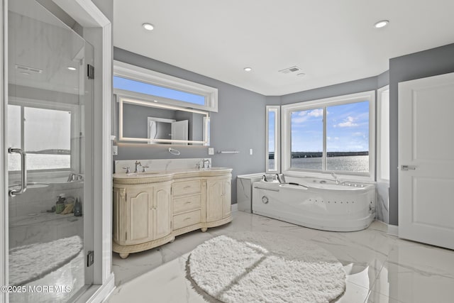 107 Bay Shore Dr, Toms River, NJ 08753 - bathroom with a sink, a water view, a shower stall, and a freestanding bath