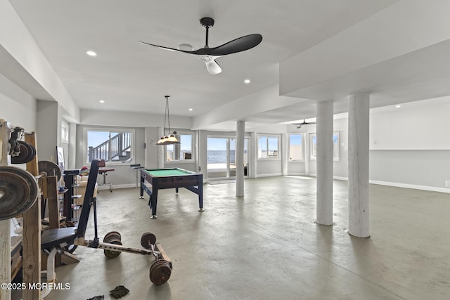 107 Bay Shore Dr, Toms River, NJ 08753 - playroom featuring billiards, ceiling fan, finished concrete flooring, baseboards, and recessed lighting