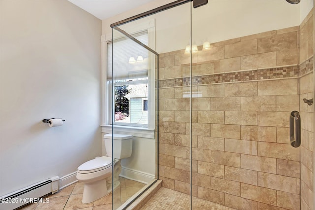 bathroom with a baseboard heating unit, toilet, tile patterned floors, and a stall shower