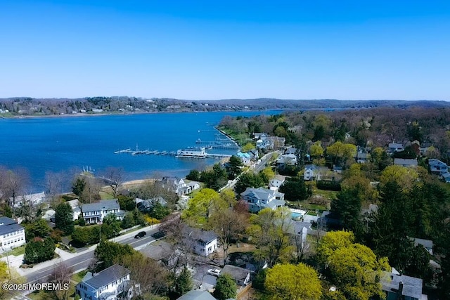 aerial view featuring a residential view and a water view