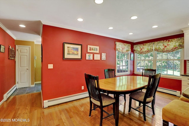 4 Briarcliff Ln, Holmdel, NJ 07733 - dining space with a baseboard radiator, ornamental molding, recessed lighting, and wood finished floors