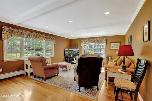 4 Briarcliff Ln, Holmdel, NJ 07733 - living room featuring plenty of natural light, wood finished floors, ornamental molding, recessed lighting, and a baseboard heating unit