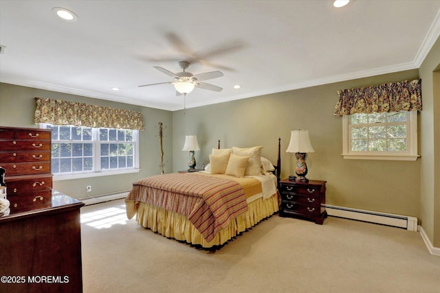 4 Briarcliff Ln, Holmdel, NJ 07733 - carpeted bedroom featuring a baseboard radiator, crown molding, baseboards, recessed lighting, and a ceiling fan