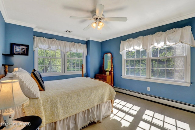 4 Briarcliff Ln, Holmdel, NJ 07733 - bedroom with a baseboard radiator, ceiling fan, and ornamental molding
