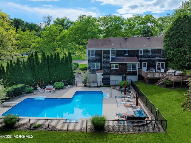 4 Briarcliff Ln, Holmdel, NJ 07733 - view of pool featuring a wooden deck, stairs, a patio area, a diving board, and view of wooded area
