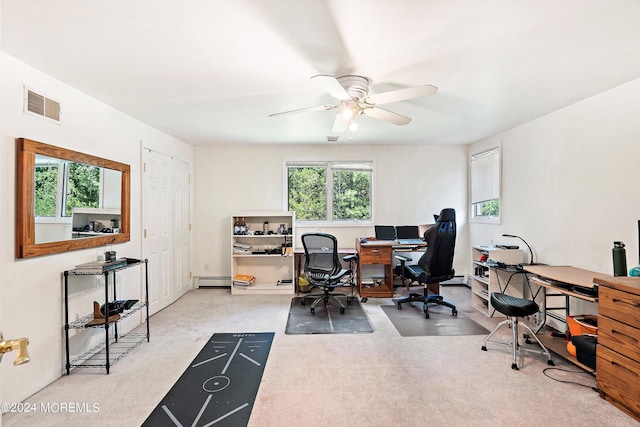 office space featuring a ceiling fan, a baseboard radiator, a healthy amount of sunlight, and visible vents