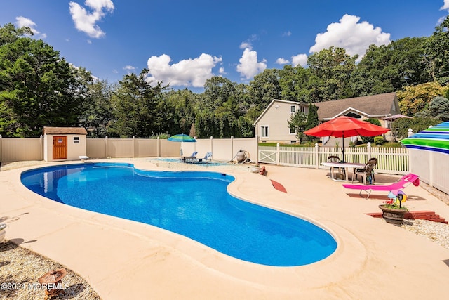 view of swimming pool with a patio area, a fenced in pool, and a fenced backyard