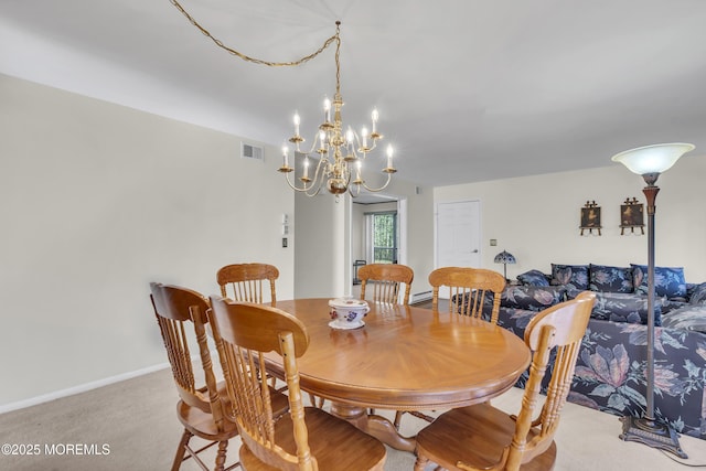 452B Heather Ct, Manchester, NJ 08759 - dining area with light colored carpet, visible vents, baseboards, a baseboard radiator, and a chandelier