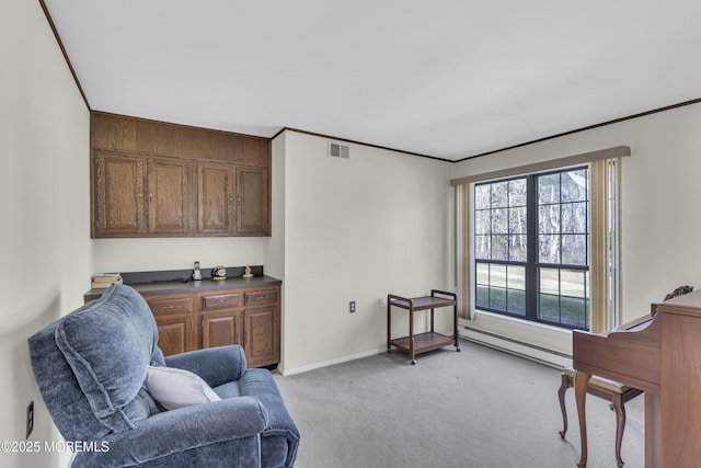 452B Heather Ct, Manchester, NJ 08759 - living area featuring light colored carpet, baseboards, visible vents, and a baseboard radiator