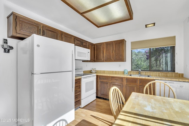 452B Heather Ct, Manchester, NJ 08759 - kitchen featuring a sink, light countertops, light wood finished floors, and white appliances
