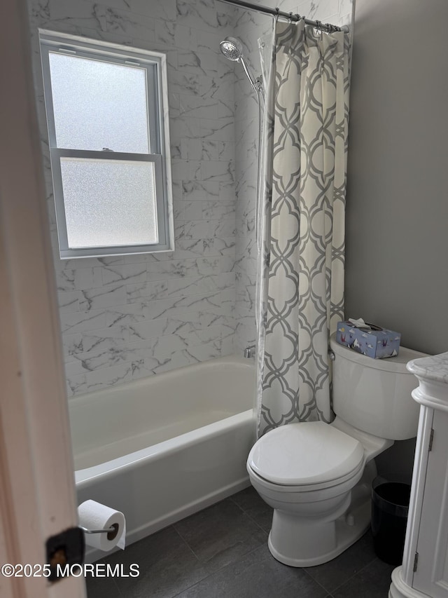 bathroom with toilet, shower / bath combination with curtain, and tile patterned flooring