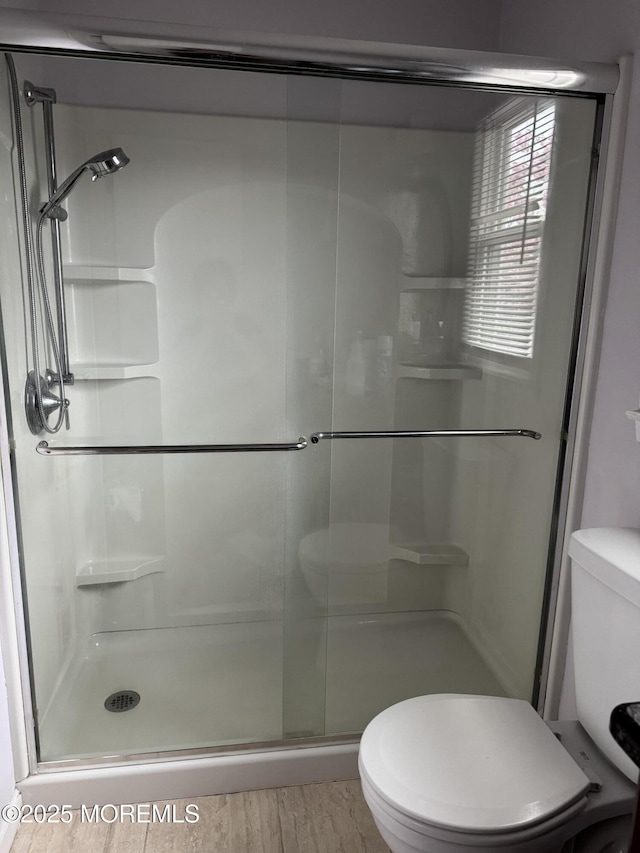 full bathroom with a stall shower, toilet, and wood finished floors