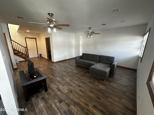 15 Cottage Pl, Keansburg, NJ 07734 - living area featuring stairway, ceiling fan, dark wood finished floors, visible vents, and recessed lighting