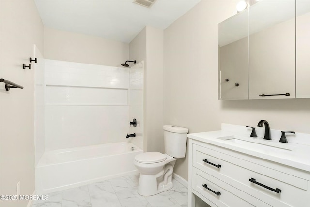 bathroom featuring toilet, shower / bathing tub combination, baseboards, marble finish floor, and vanity