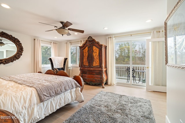 bedroom featuring recessed lighting, ceiling fan, access to outside, and wood finished floors