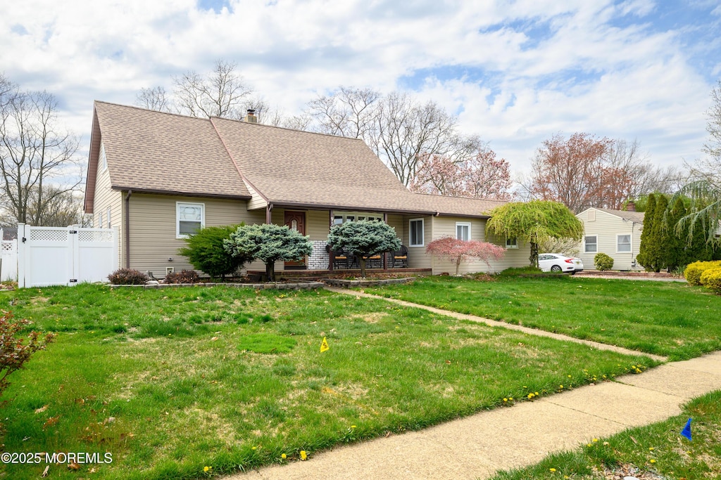 ranch-style house featuring a chimney, a gate, fence, roof with shingles, and a front yard