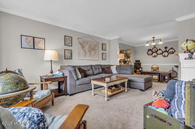 living room with carpet floors and ornamental molding