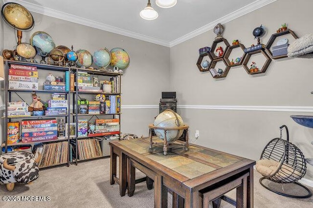 interior space featuring crown molding and carpet flooring
