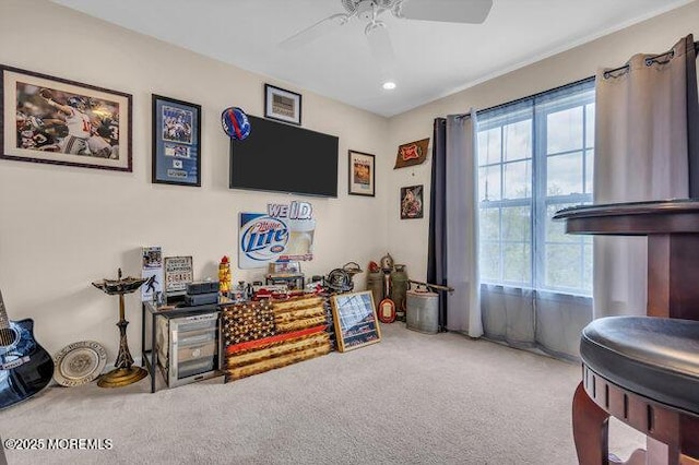 playroom with carpet floors, a ceiling fan, a wealth of natural light, and recessed lighting