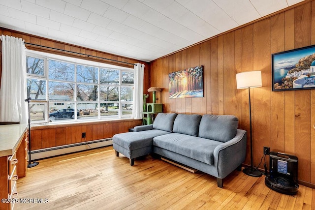 21 Dockage Rd, Bayville, NJ 08721 - living room with baseboard heating, light wood-type flooring, and wooden walls