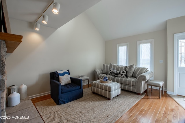 25 Meadow Ave Unit 64, Monmouth Beach, NJ 07750 - living room featuring track lighting, light wood-type flooring, baseboards, and vaulted ceiling