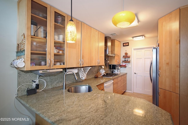 75 Gravelly Point Rd, Highlands, NJ 07732 - kitchen with backsplash, appliances with stainless steel finishes, a sink, light tile patterned floors, and wall chimney exhaust hood