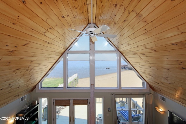 75 Gravelly Point Rd, Highlands, NJ 07732 - details featuring wooden ceiling, ceiling fan, a water view, and visible vents