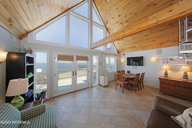 75 Gravelly Point Rd, Highlands, NJ 07732 - living area featuring french doors, wood ceiling, and high vaulted ceiling