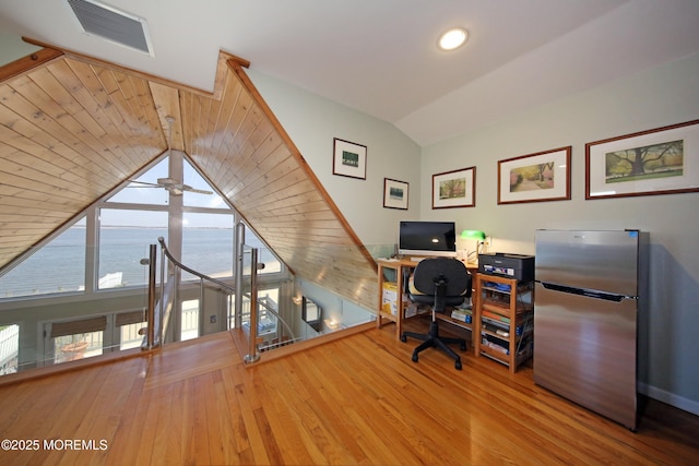 75 Gravelly Point Rd, Highlands, NJ 07732 - office featuring visible vents, wood finished floors, baseboards, ceiling fan, and vaulted ceiling