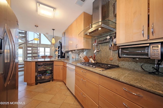 75 Gravelly Point Rd, Highlands, NJ 07732 - kitchen featuring exhaust hood, appliances with stainless steel finishes, tasteful backsplash, a peninsula, and wine cooler