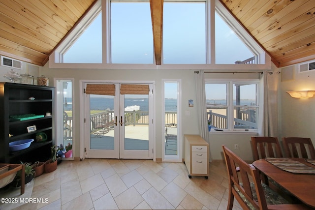 75 Gravelly Point Rd, Highlands, NJ 07732 - doorway with visible vents, high vaulted ceiling, wooden ceiling, and french doors