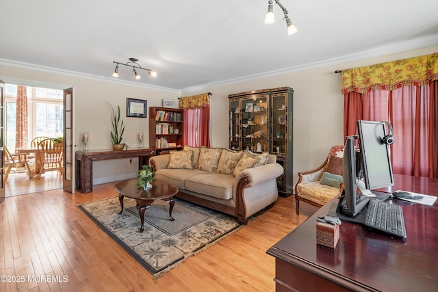 living area with baseboards, crown molding, and light wood-style flooring