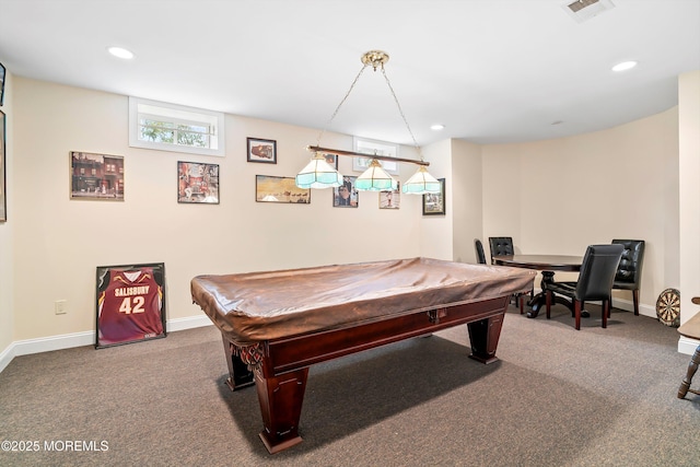playroom with recessed lighting, baseboards, carpet flooring, and billiards