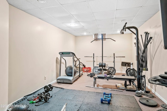 exercise room featuring carpet flooring, a drop ceiling, and baseboards