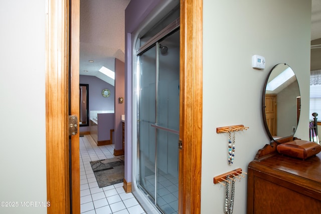 12 Millstream Rd, Cream Ridge, NJ 08514 - bathroom featuring a shower stall, tile patterned flooring, vanity, and vaulted ceiling