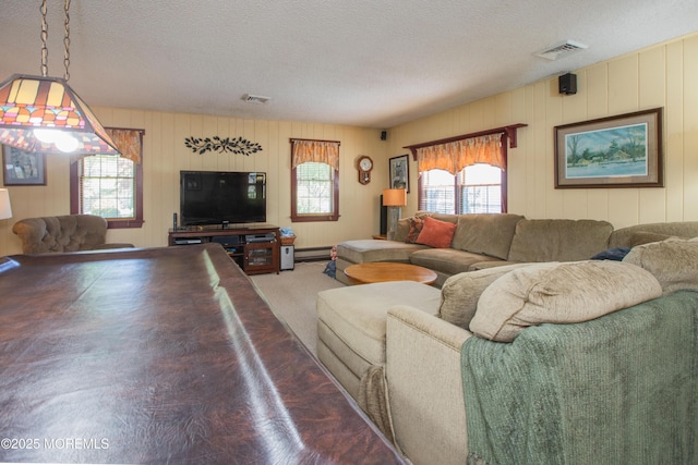 12 Millstream Rd, Cream Ridge, NJ 08514 - living area featuring a baseboard heating unit, visible vents, and a textured ceiling