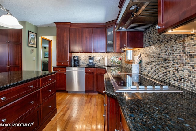12 Millstream Rd, Cream Ridge, NJ 08514 - kitchen featuring light wood-style flooring, stainless steel dishwasher, dark brown cabinets, wall chimney exhaust hood, and tasteful backsplash