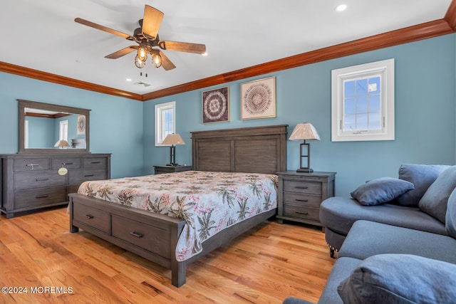 bedroom with ceiling fan, light wood-style flooring, ornamental molding, visible vents, and recessed lighting
