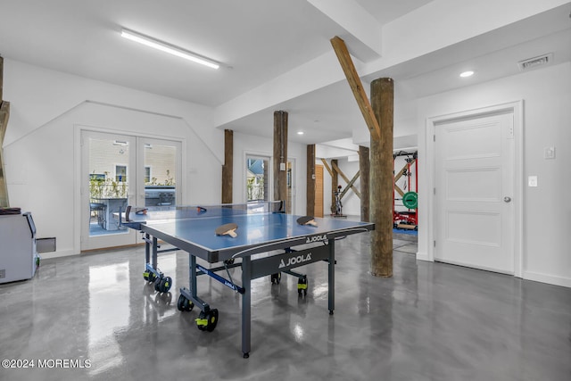 recreation room with french doors, visible vents, finished concrete floors, and recessed lighting