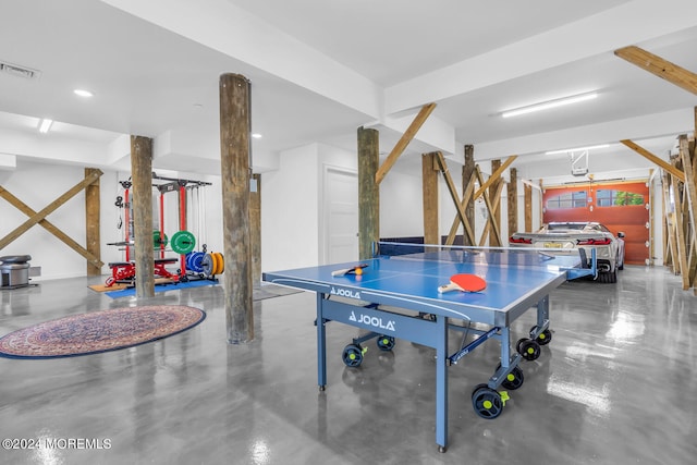 rec room with concrete flooring, visible vents, and recessed lighting