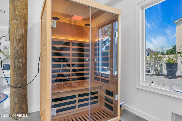 view of sauna with baseboards