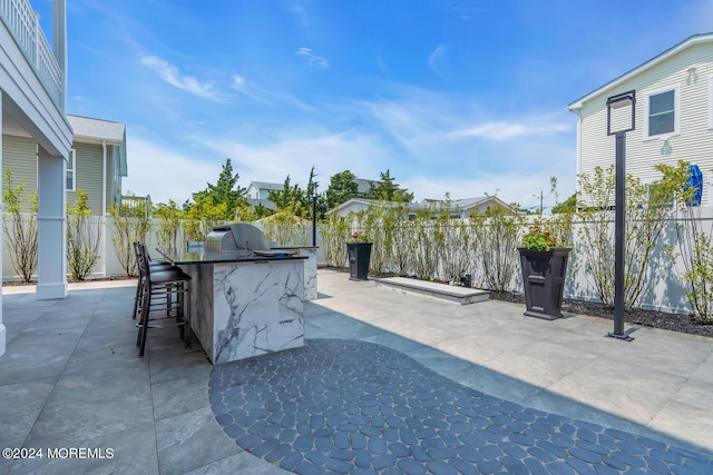 view of patio / terrace with a fenced backyard, outdoor dry bar, a grill, and exterior kitchen